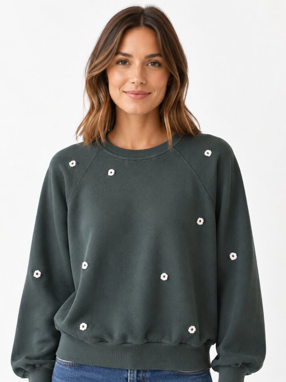 THE GREAT The College Sweatshirt Olive Floral Embroidered Size 3 L